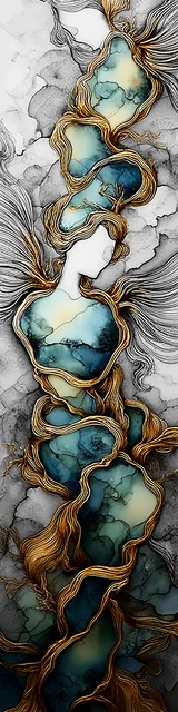 Free abstract angel art bookmark featuring winding gold vines abstract angel